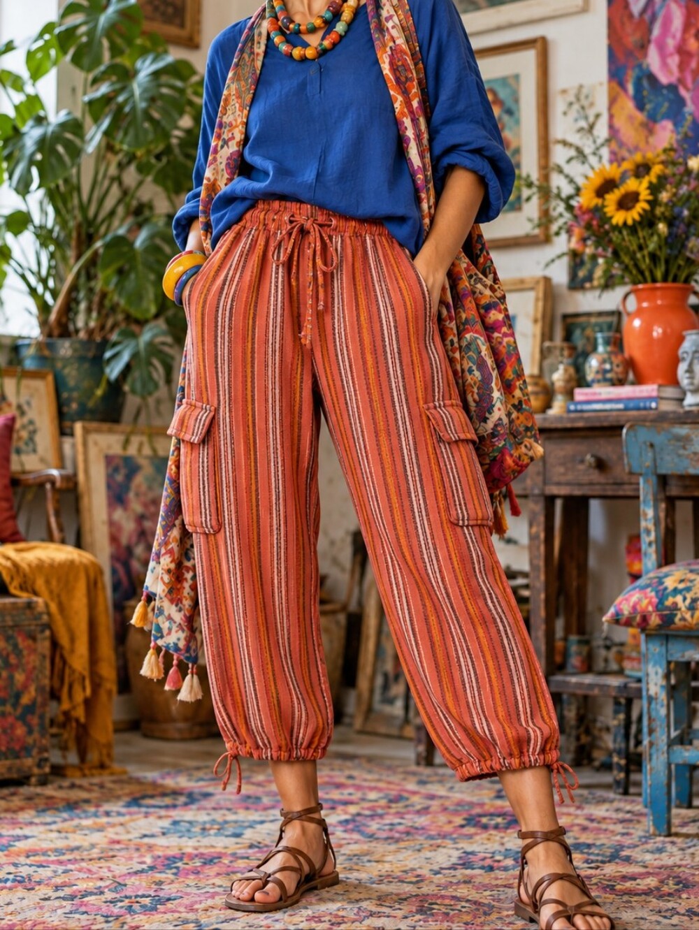 Orange Striped Cargo Pants M Bohemian Clowncore Maximalist Cluttercore Eclectic